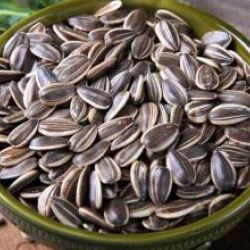A close-up, top-down view of a green ceramic bowl filled with toasted sunflower seeds (pipas).